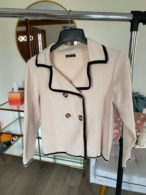 MOTF Cream Knit Double-Breasted Jacket with Black Trim